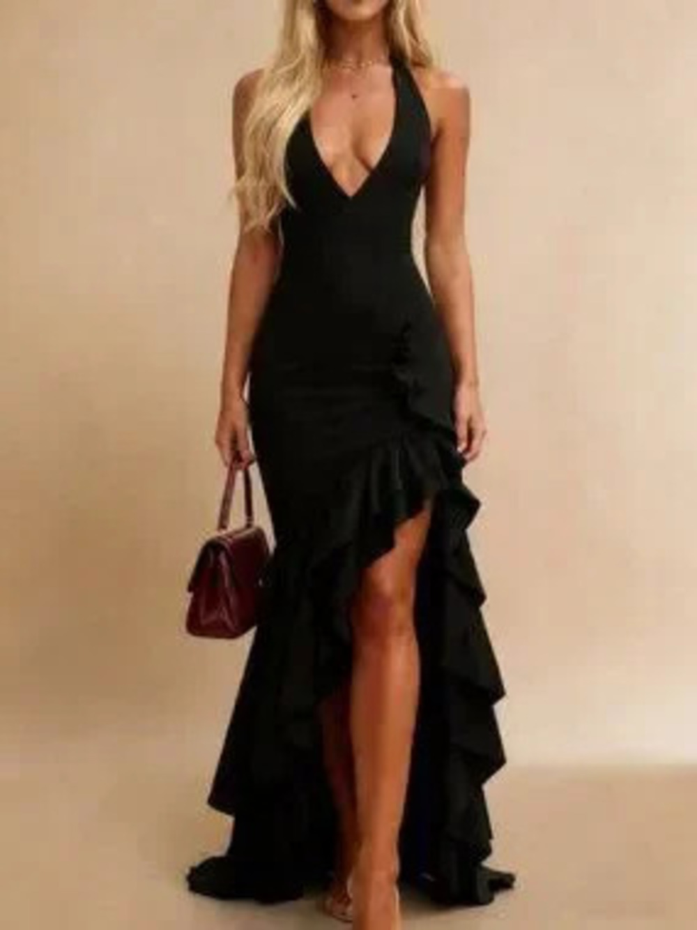 ZARA Black Sexy Women's Deep V-Neck Halter and Ruffle Hem dress